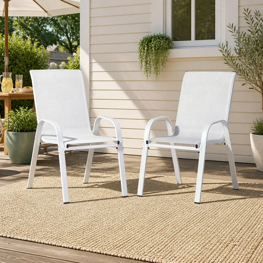 Outdoor Stackable Dining Chairs Steel Textilene Fabric 56cm W x 70cm D x 90cm H White