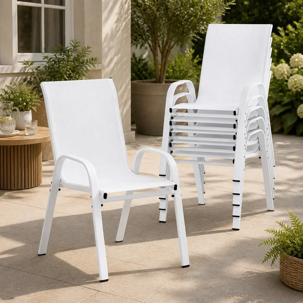 Outdoor Stackable Dining Chairs White Set 6PC Patio Lounge Furniture Steel Frame