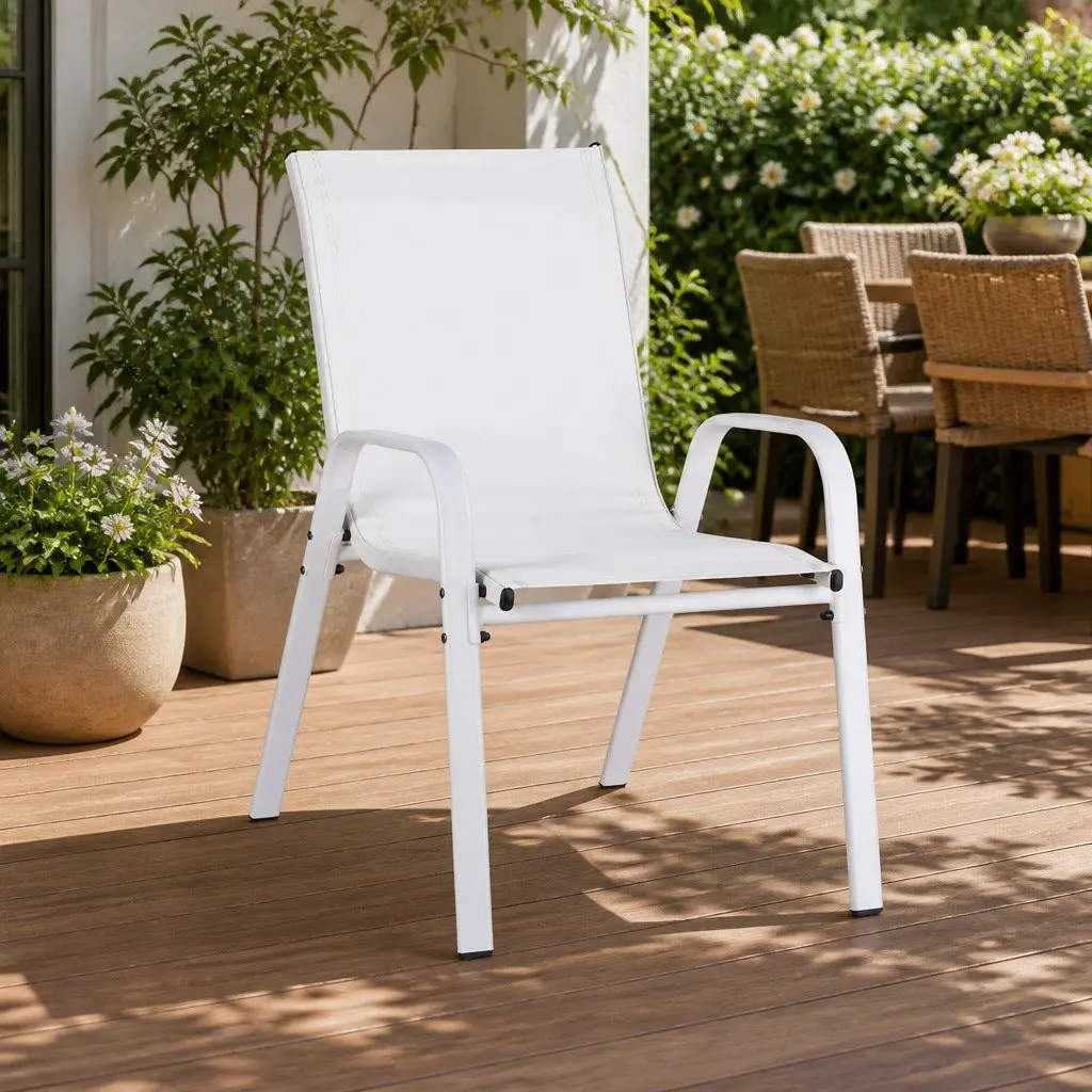 Outdoor Stackable Dining Chairs White Set 6PC Patio Lounge Furniture Steel Frame