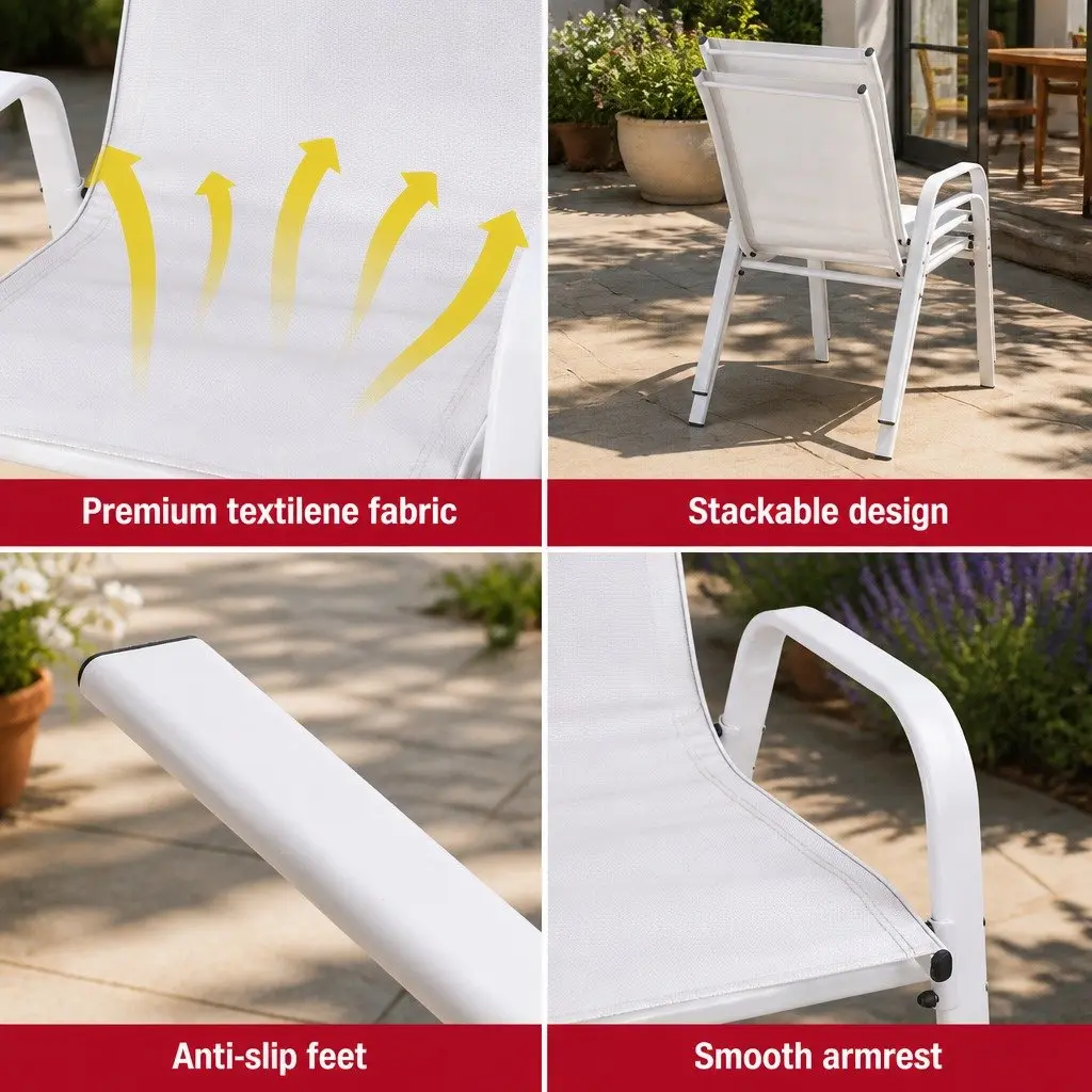 Outdoor Stackable Dining Chairs White Set 6PC Patio Lounge Furniture Steel Frame