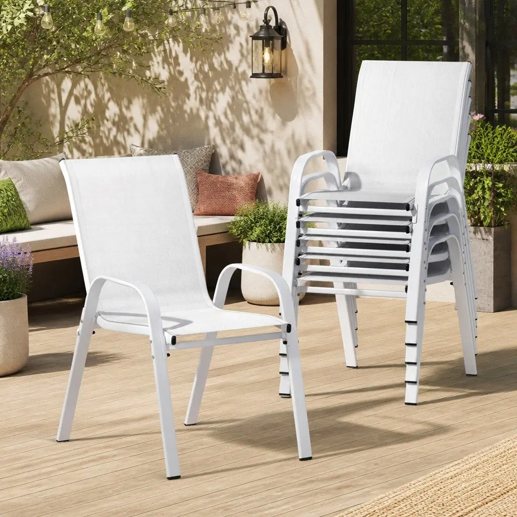 Outdoor Stackable Dining Chairs White Set 6PC Patio Lounge Furniture Steel Frame