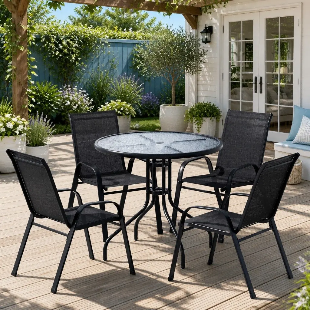 Outdoor Dining Set Table and 4 Stackable Chairs Patio Garden Bistro Furniture