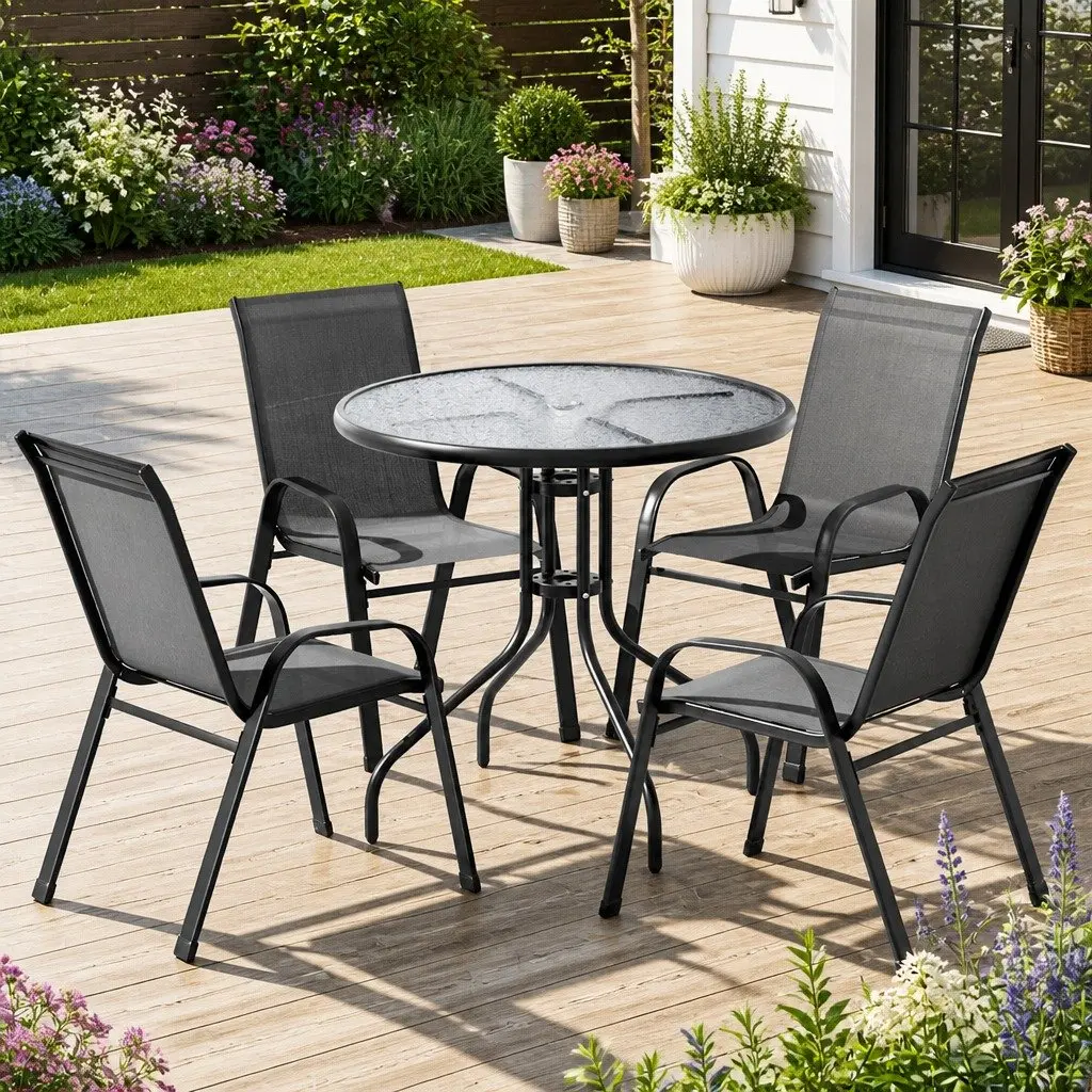 Outdoor Dining Set Table and 4 Stackable Chairs Patio Garden Bistro Furniture