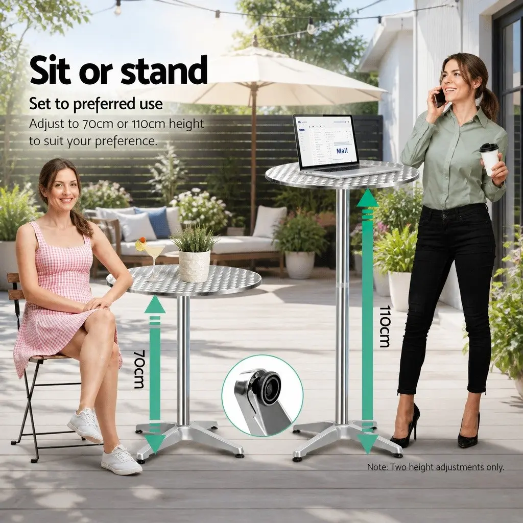 Round Bar Table Adjustable Height Foldable Aluminium Stainless Steel 60cm Modern Silver