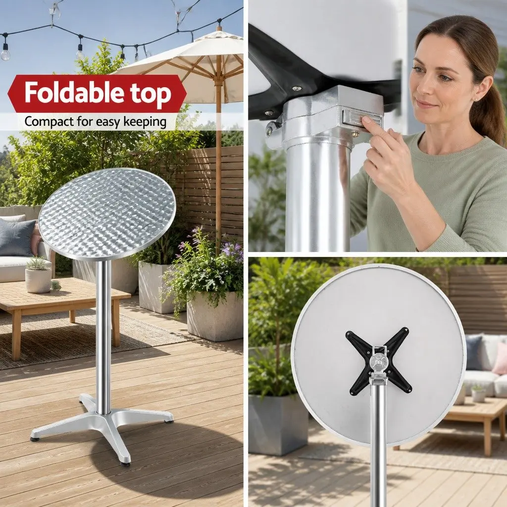 Round Bar Table Adjustable Height Foldable Aluminium Stainless Steel 60cm Modern Silver