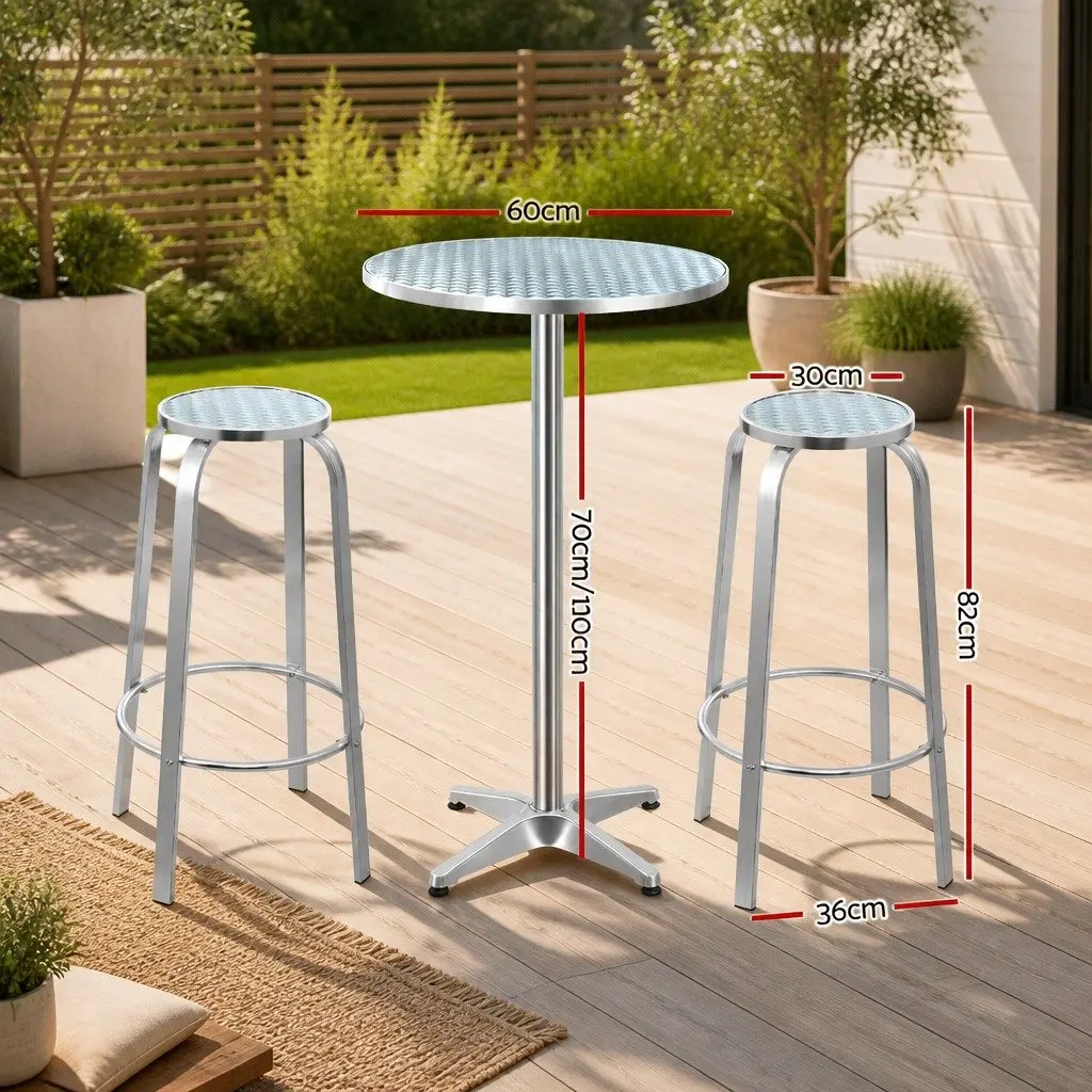 Outdoor Bar Set Height-Adjustable Round Table and Stools 3 Piece Silver
