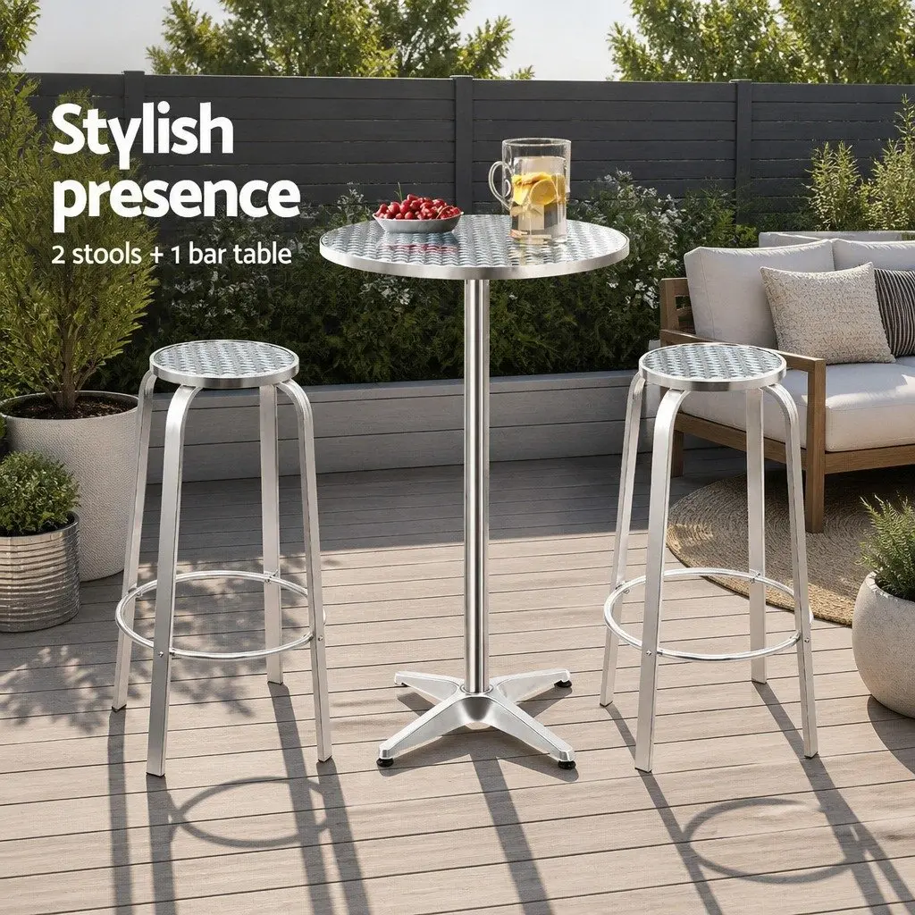 Outdoor Bar Set Height-Adjustable Round Table and Stools 3 Piece Silver