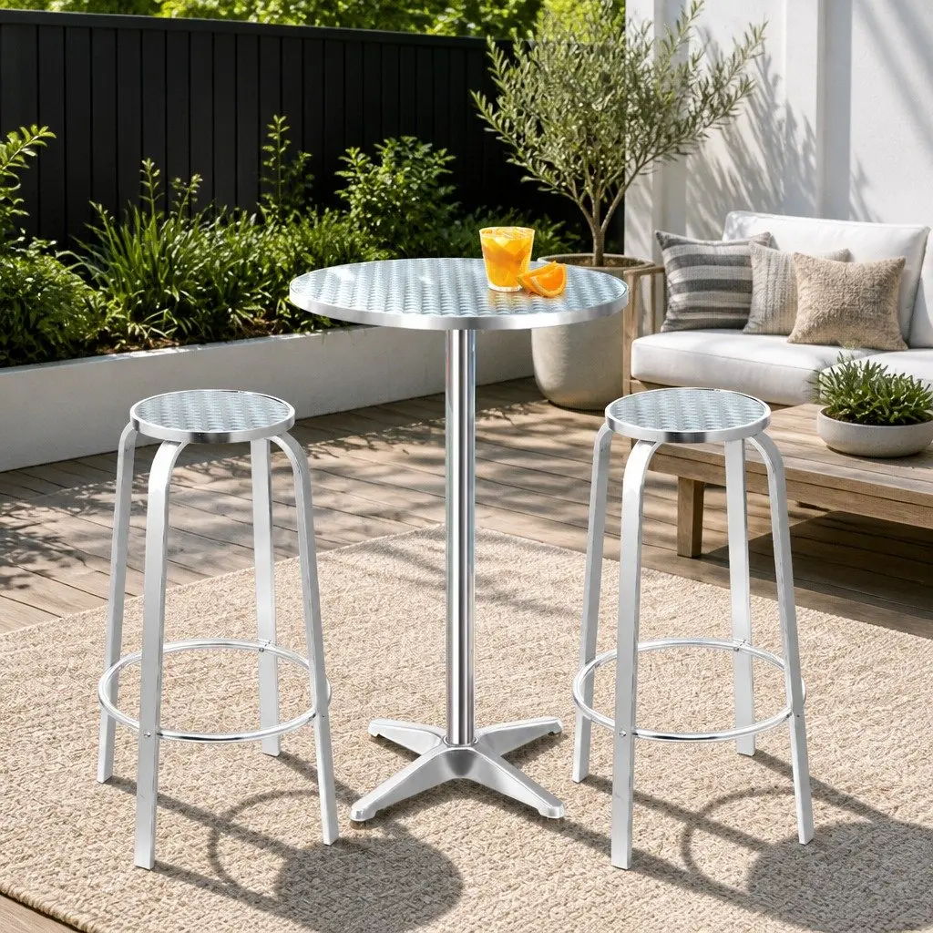 Outdoor Bar Set Height-Adjustable Round Table and Stools 3 Piece Silver