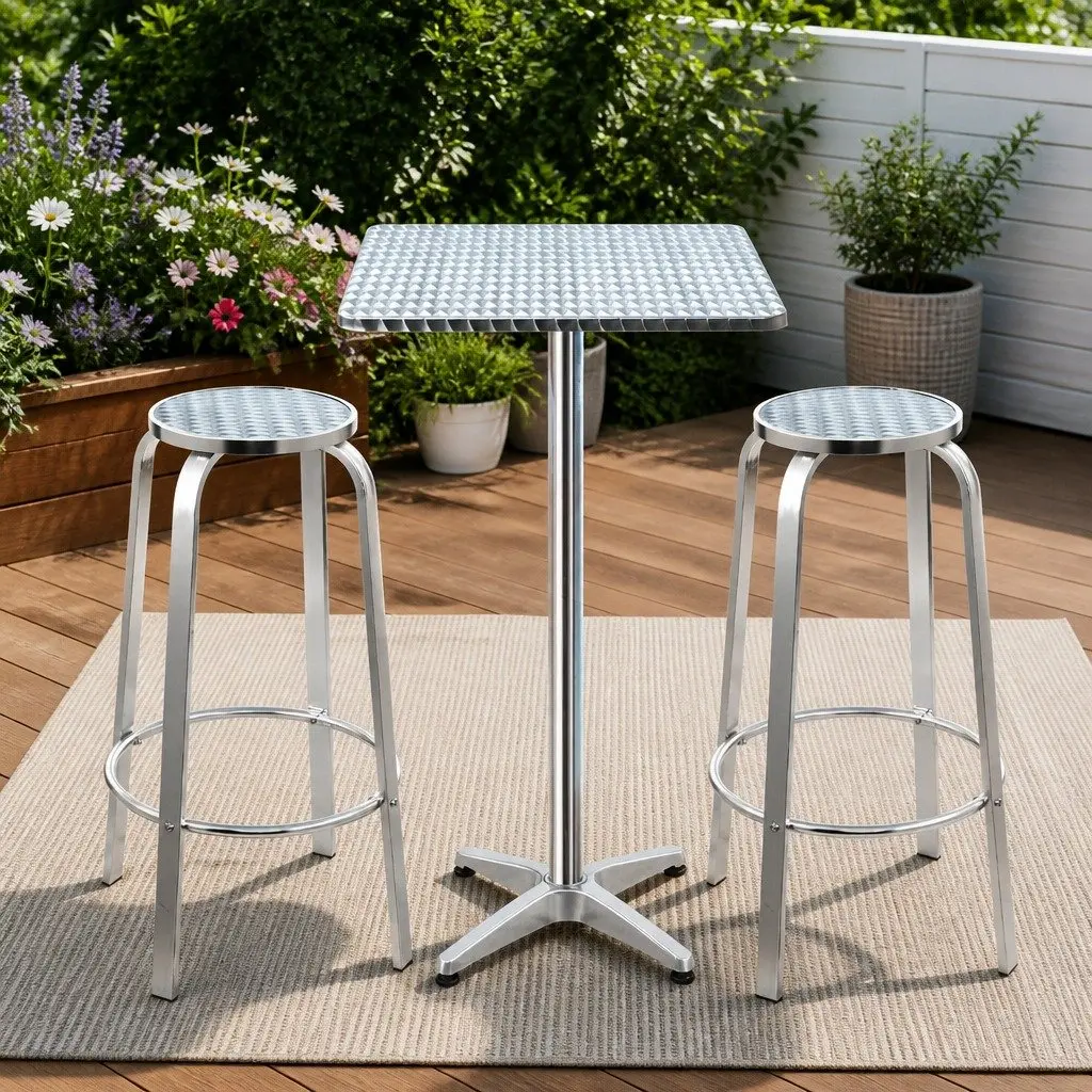 3 Piece Outdoor Bar Set Height Adjustable Aluminium Table with 2 Stools Silver