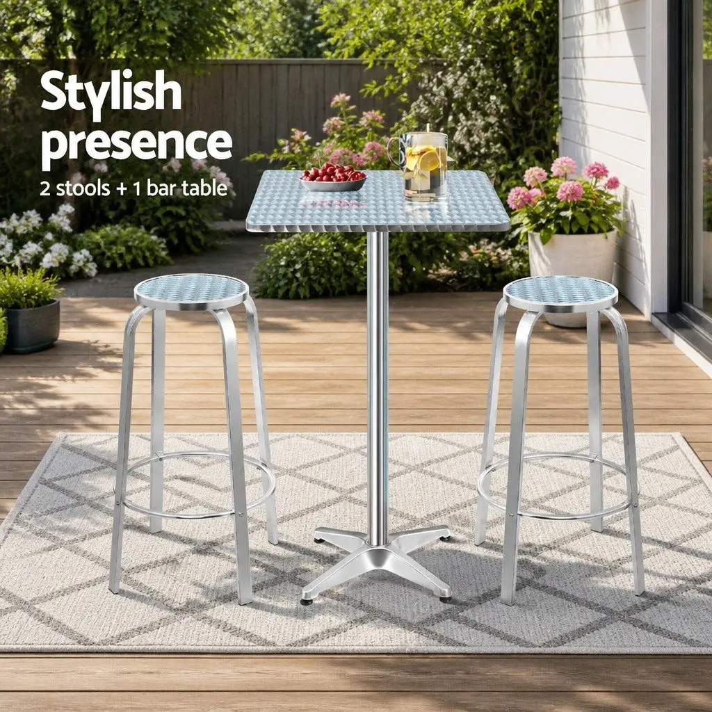 3 Piece Outdoor Bar Set Height Adjustable Aluminium Table with 2 Stools Silver