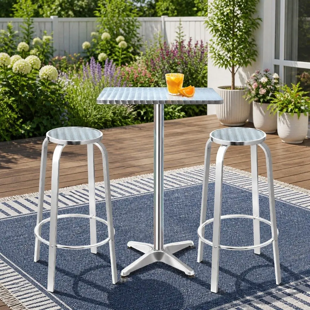 3 Piece Outdoor Bar Set Height Adjustable Aluminium Table with 2 Stools Silver