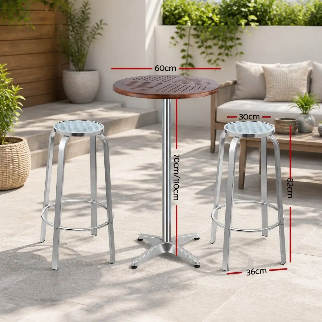 3 Piece Outdoor Bar Set Aluminium Height Adjustable Table and Stools Silver