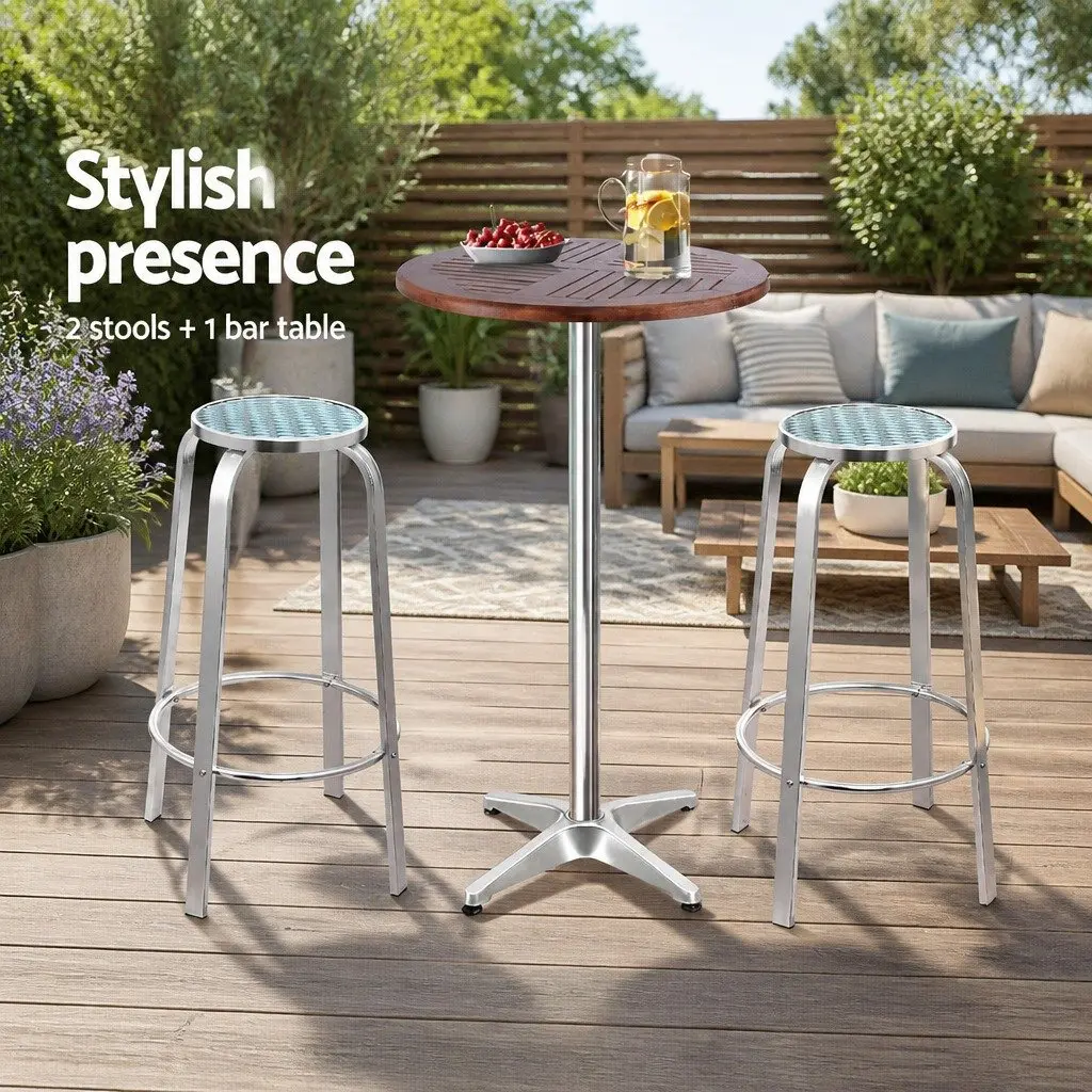 3 Piece Outdoor Bar Set Aluminium Height Adjustable Table and Stools Silver