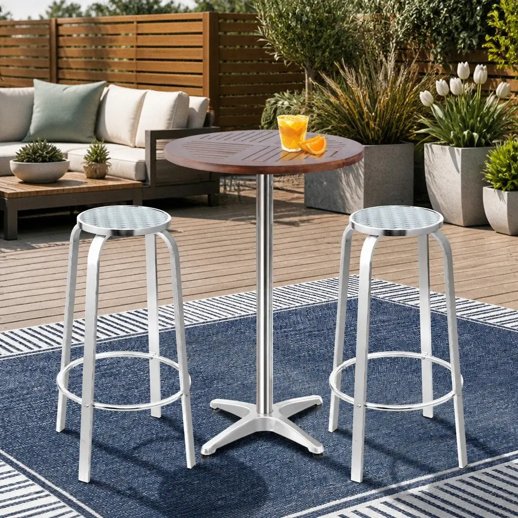 3 Piece Outdoor Bar Set Aluminium Height Adjustable Table and Stools Silver