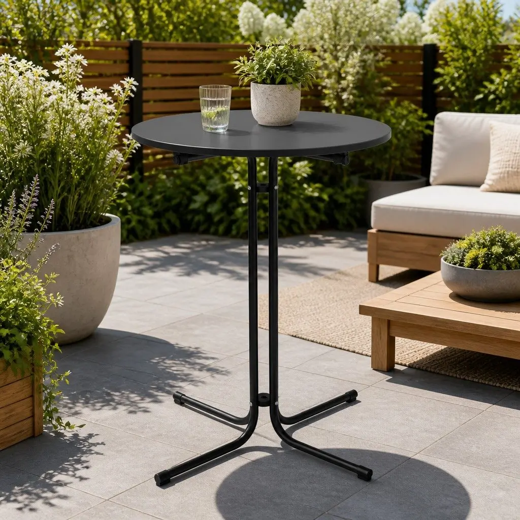Round Bar Table Steel 109cm Height Black Folding Outdoor Indoor Furniture