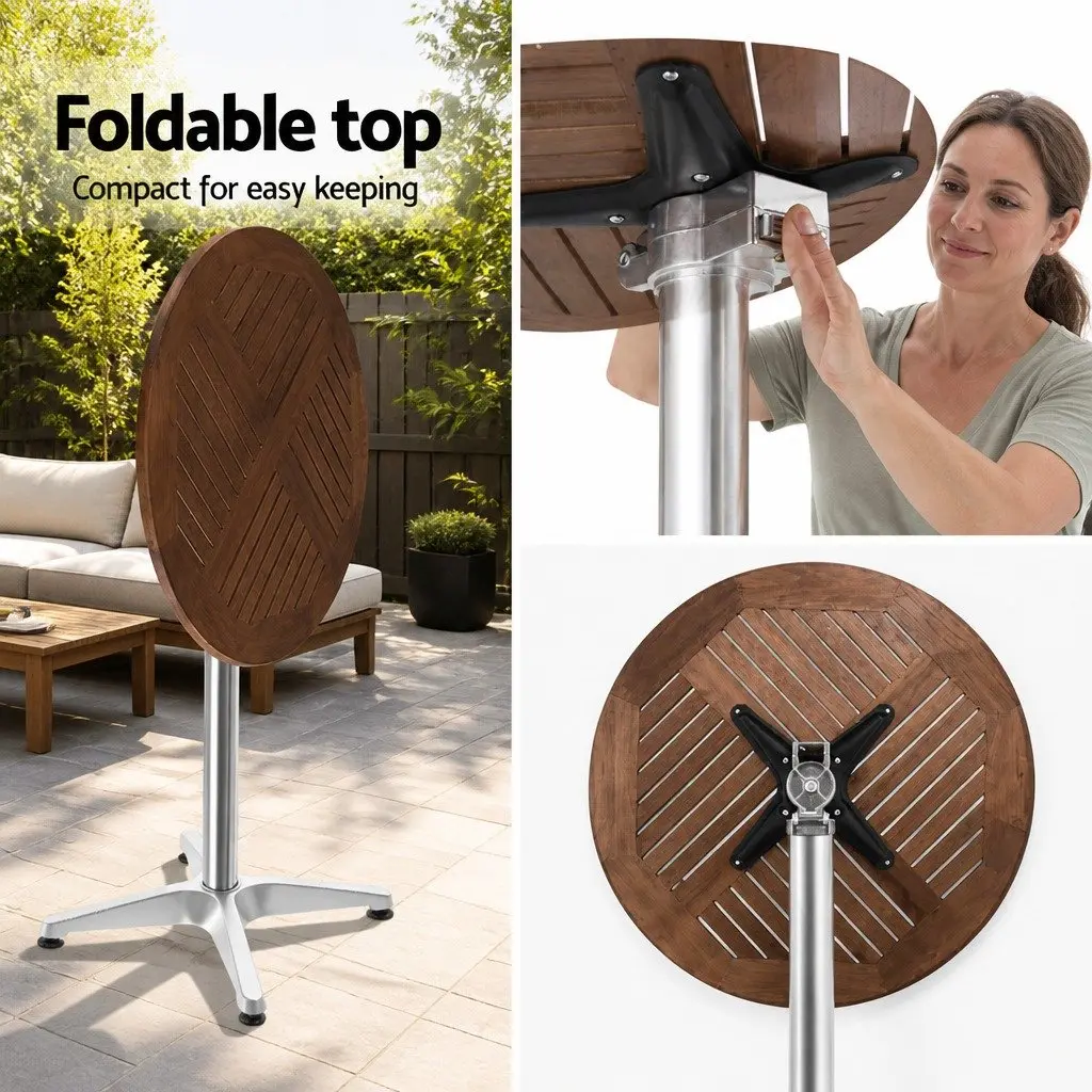 Outdoor Bar Table Hardwood Top 60cm Round Foldable Adjustable Height Aluminium Pole Silver