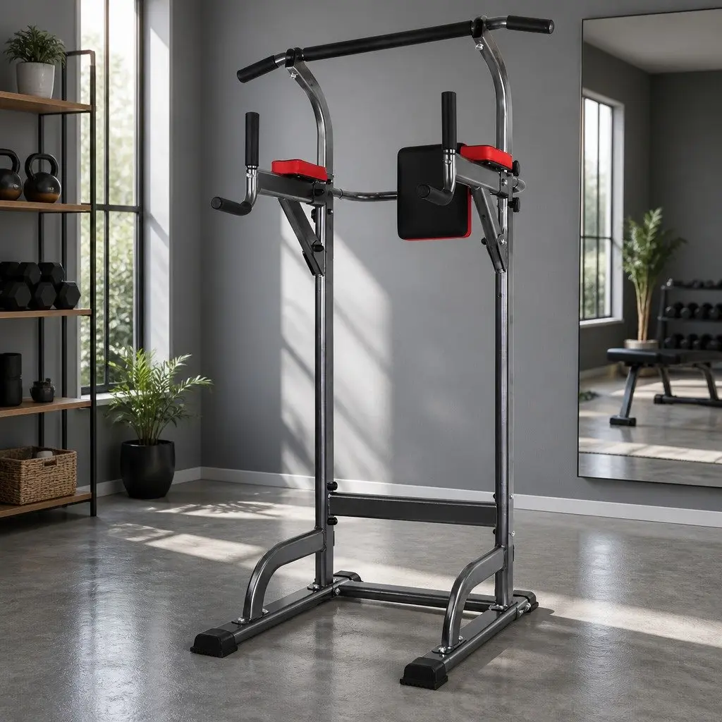 Multi-Function Exercise Tower Powder-Coated Steel Adjustable Height Black