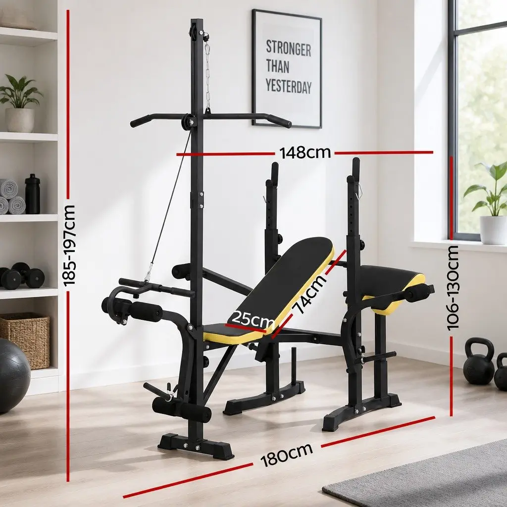 Multi-Station Weight Bench Steel Adjustable Black Yellow 14-in-1 Home Gym Equipment