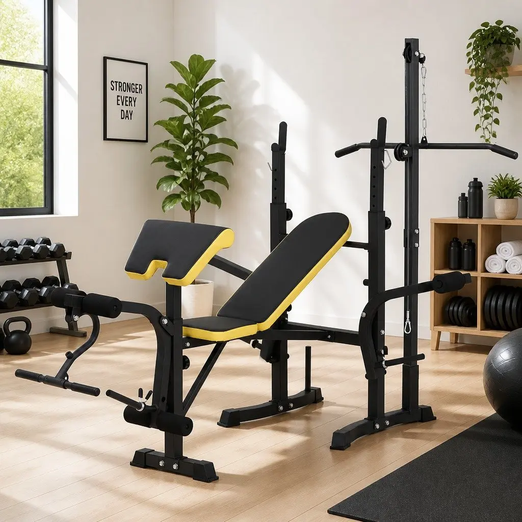 Multi-Station Weight Bench Steel Adjustable Black Yellow 14-in-1 Home Gym Equipment