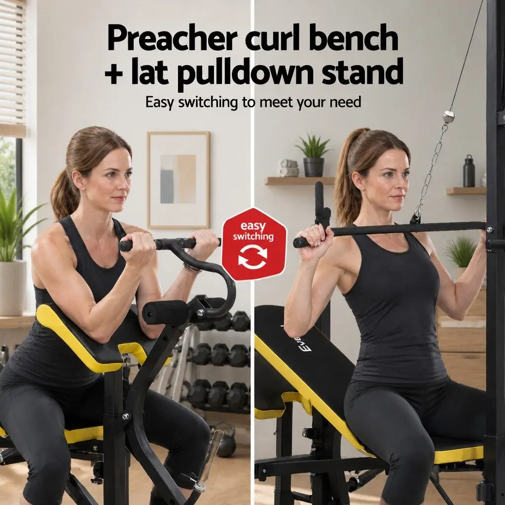 Multi-Station Weight Bench Steel Adjustable Black Yellow 14-in-1 Home Gym Equipment