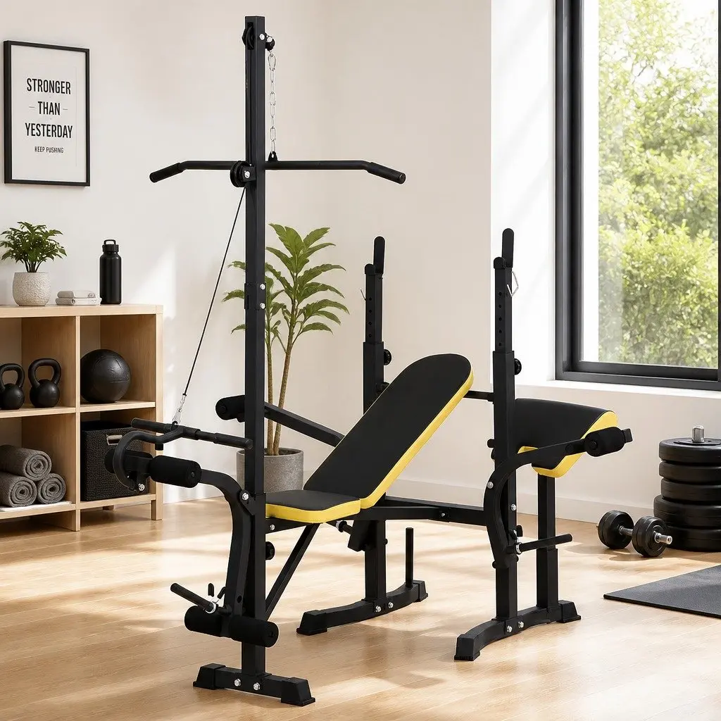 Multi-Station Weight Bench Steel Adjustable Black Yellow 14-in-1 Home Gym Equipment