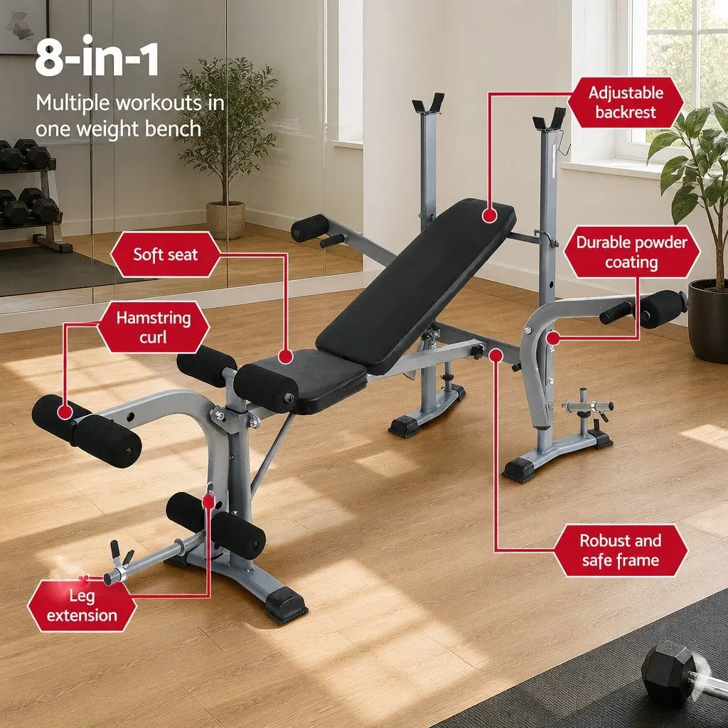 Weight Bench 8 in 1 Adjustable Steel Multi Exercise Black