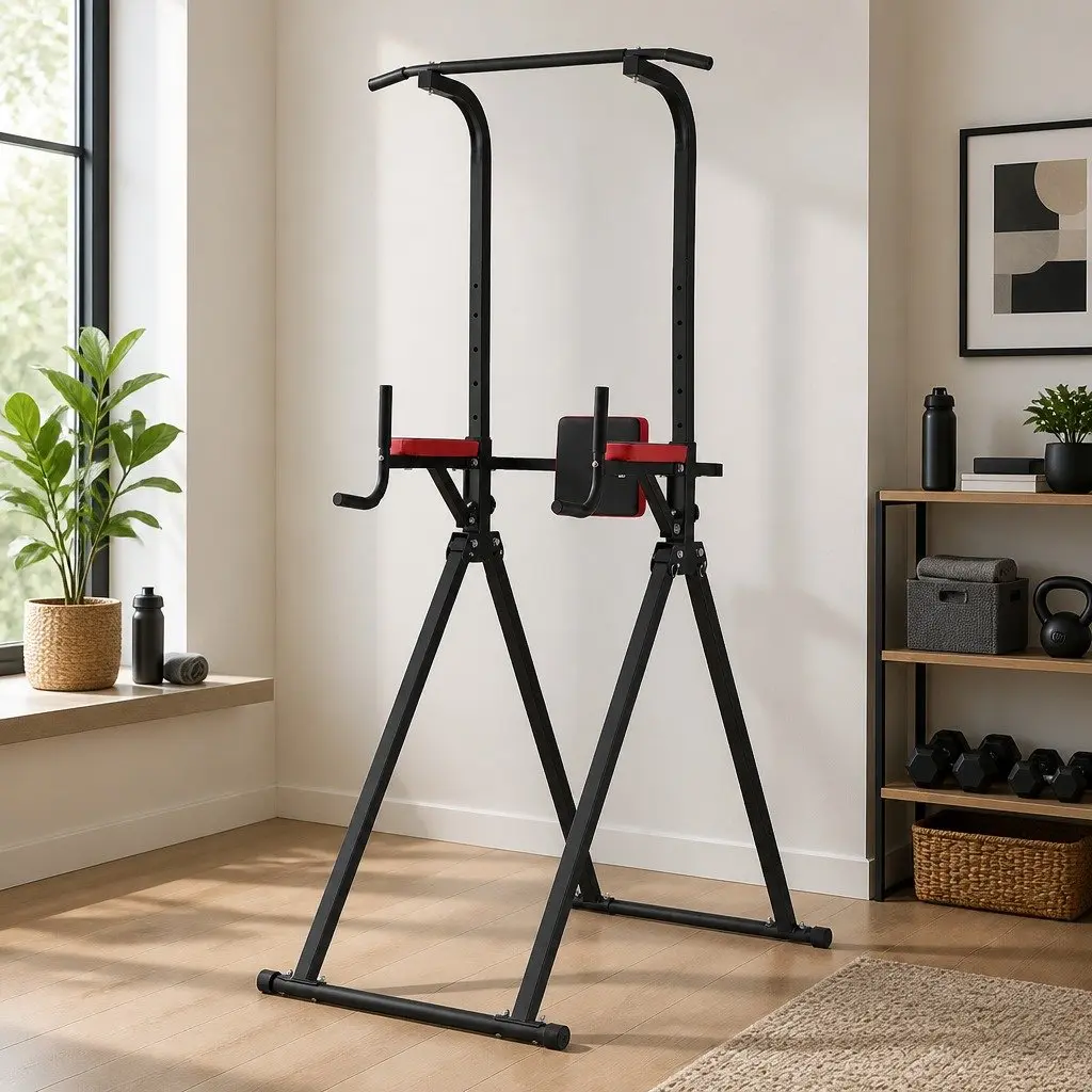 Chin Up Tower Adjustable Dip Station Folding Steel Exercise Equipment Black Red