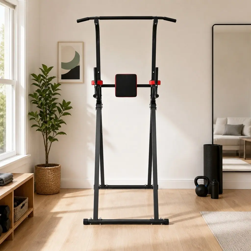 Chin Up Tower Adjustable Dip Station Folding Steel Exercise Equipment Black Red