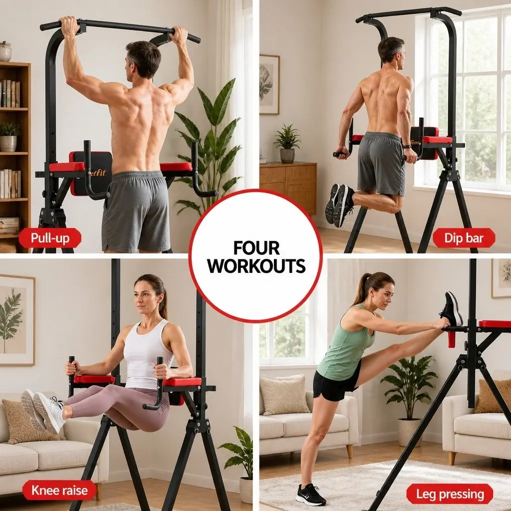 Chin Up Tower Adjustable Dip Station Folding Steel Exercise Equipment Black Red
