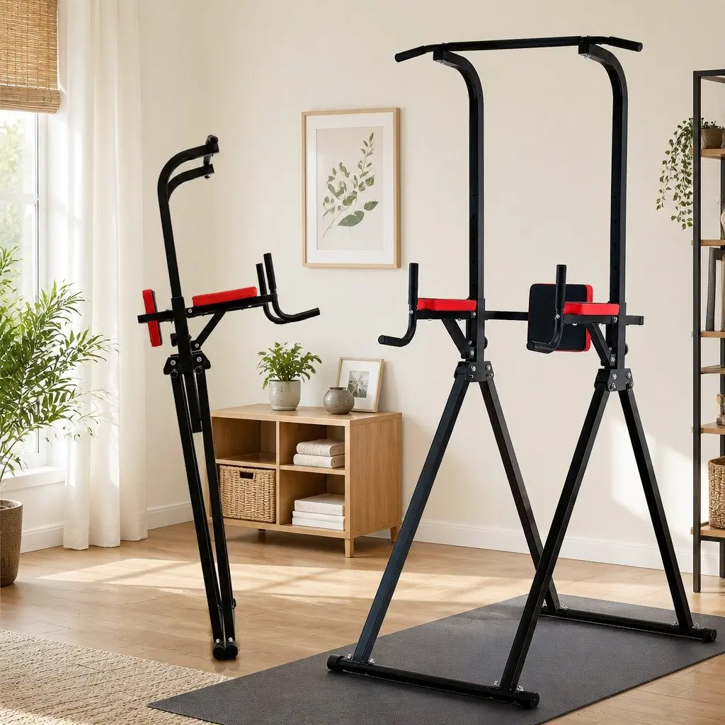 Chin Up Tower Adjustable Dip Station Folding Steel Exercise Equipment Black Red