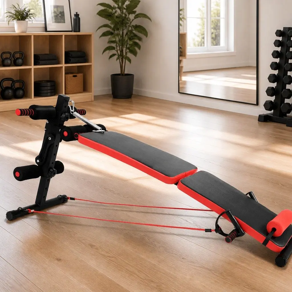 Foldable Sit Up Abdominal Exercise Bench Adjustable Height Non-Slip Steel Black or Red