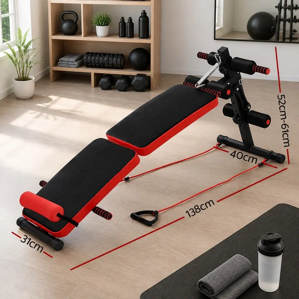 Foldable Sit Up Abdominal Exercise Bench Adjustable Height Non-Slip Steel Black or Red