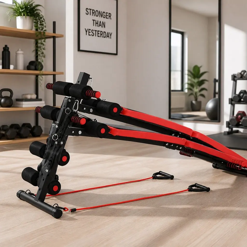 Foldable Sit Up Abdominal Exercise Bench Adjustable Height Non-Slip Steel Black or Red