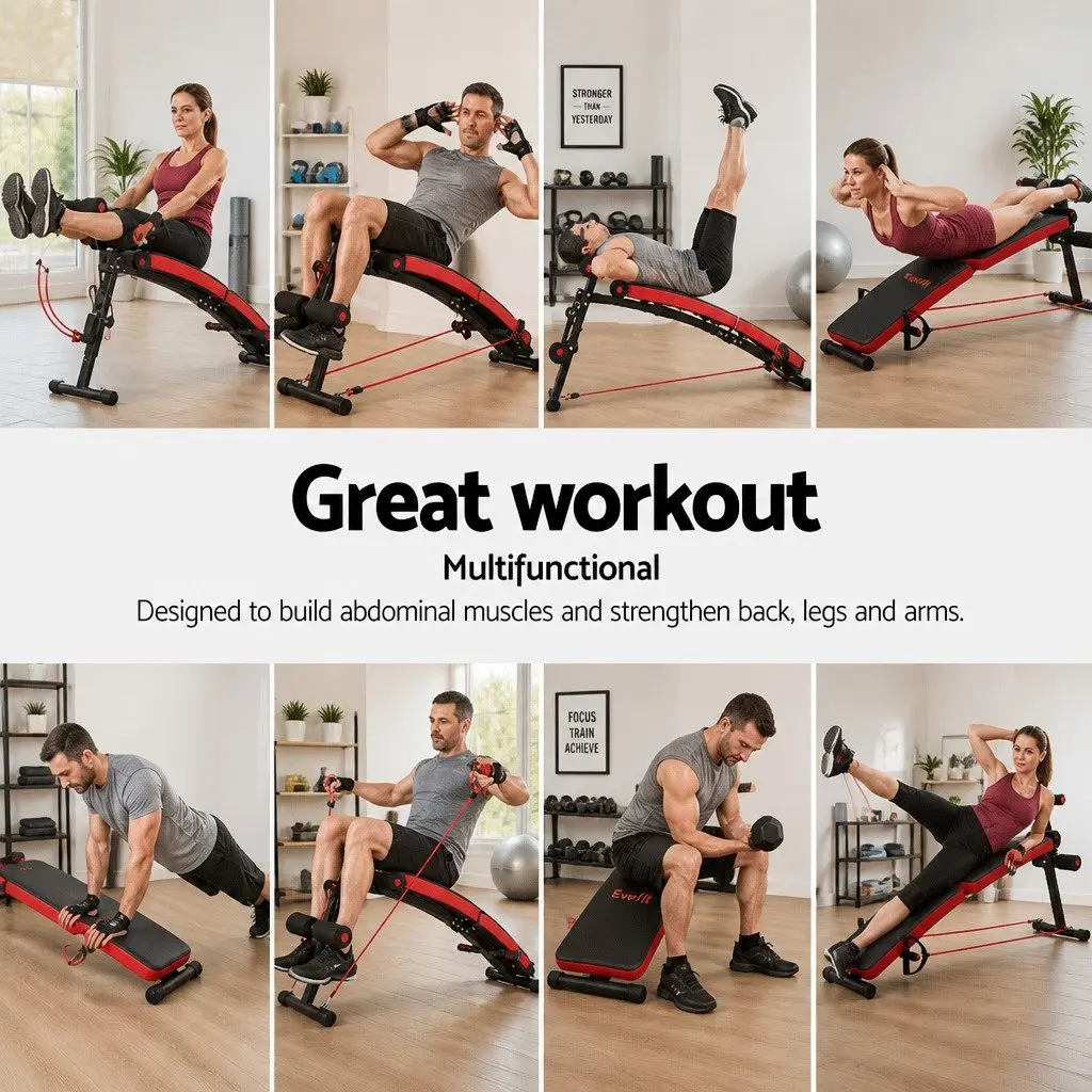 Foldable Sit Up Abdominal Exercise Bench Adjustable Height Non-Slip Steel Black or Red