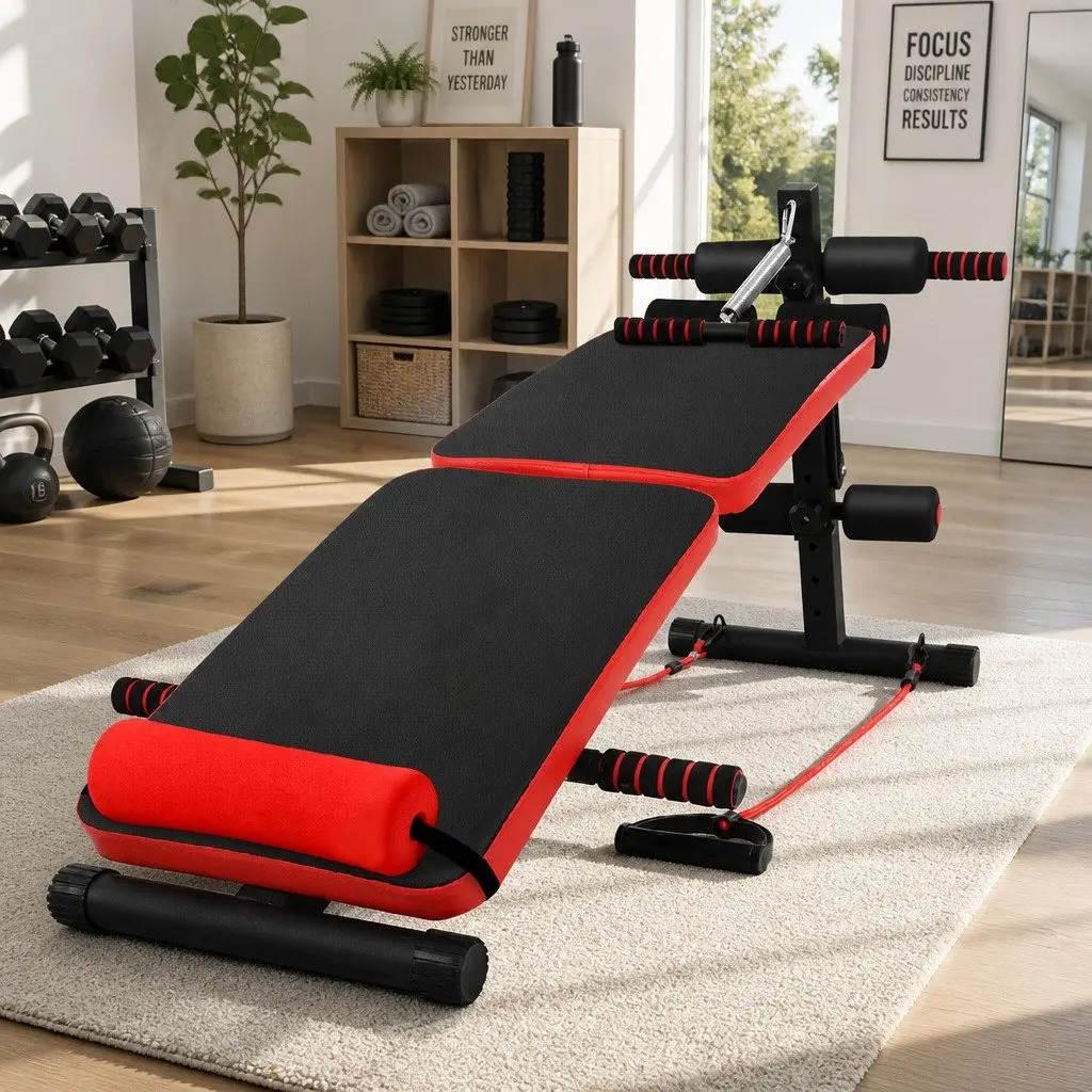 Foldable Sit Up Abdominal Exercise Bench Adjustable Height Non-Slip Steel Black or Red