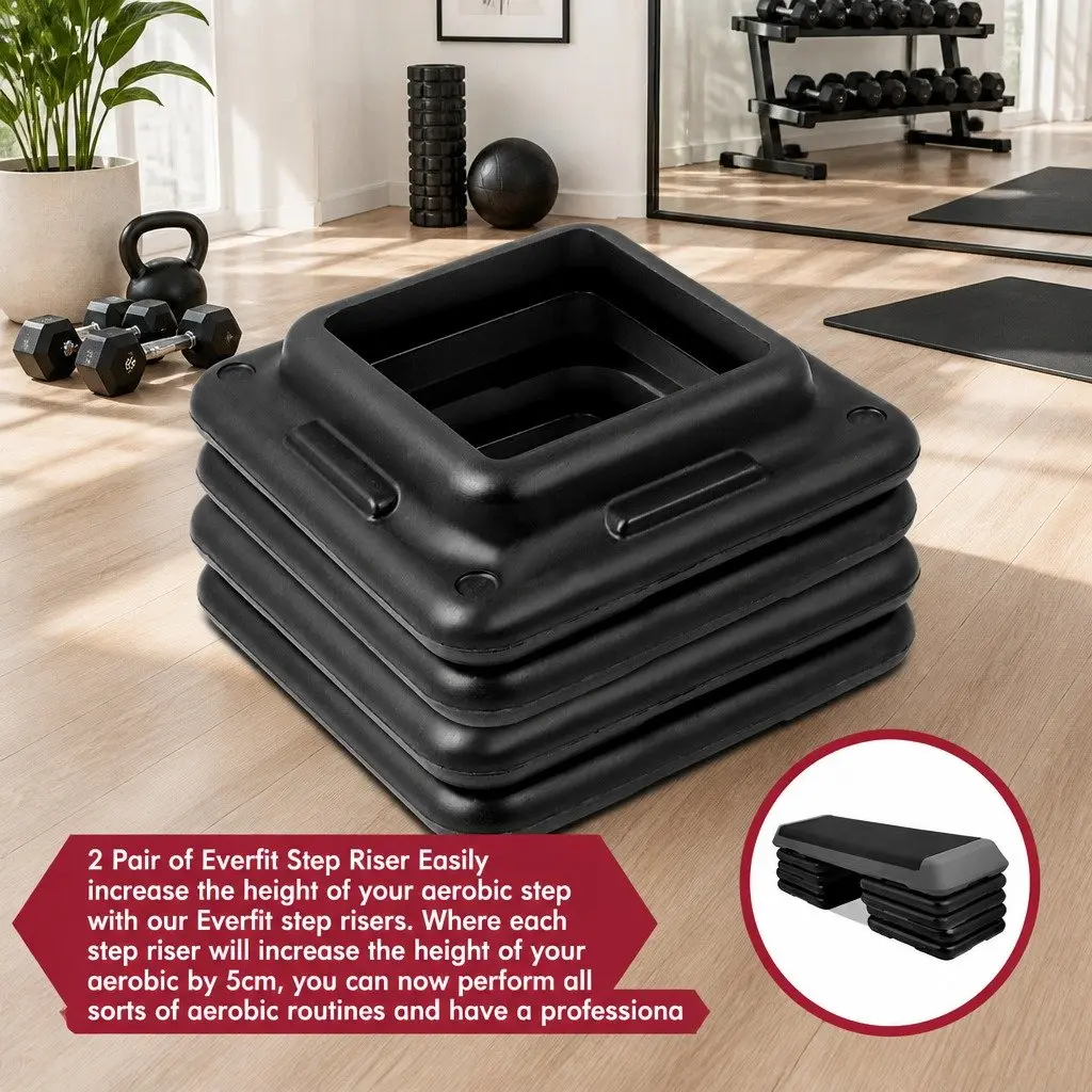 Aerobic Step Riser Exercise Stepper Block Adjustable Height Non-Skid Black 4 Piece