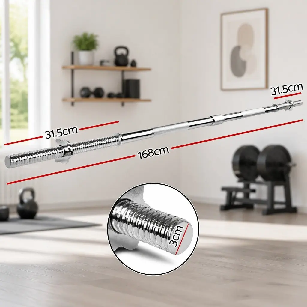 Barbell Bar Steel 168cm 5.5FT Silver Weight Lifting Rod