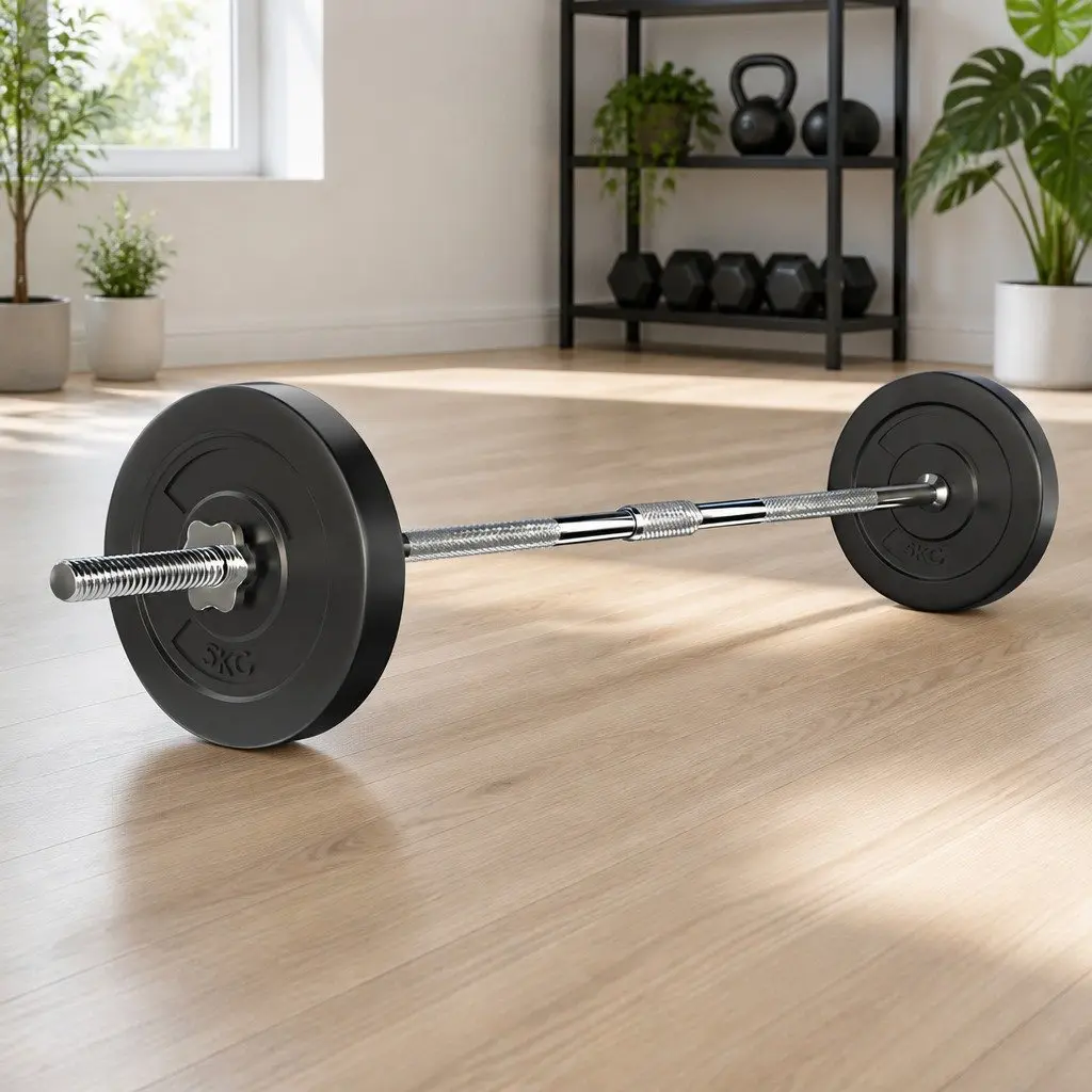 Barbell Set Steel 18kg Weight Plates Black and Silver Home Gym Exercise Training Kit