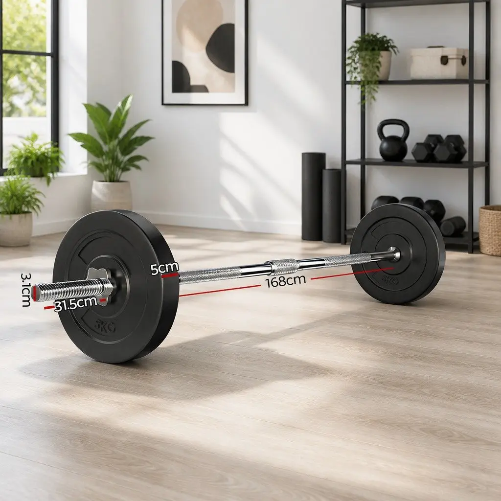 Barbell Set Steel 18kg Weight Plates Black and Silver Home Gym Exercise Training Kit