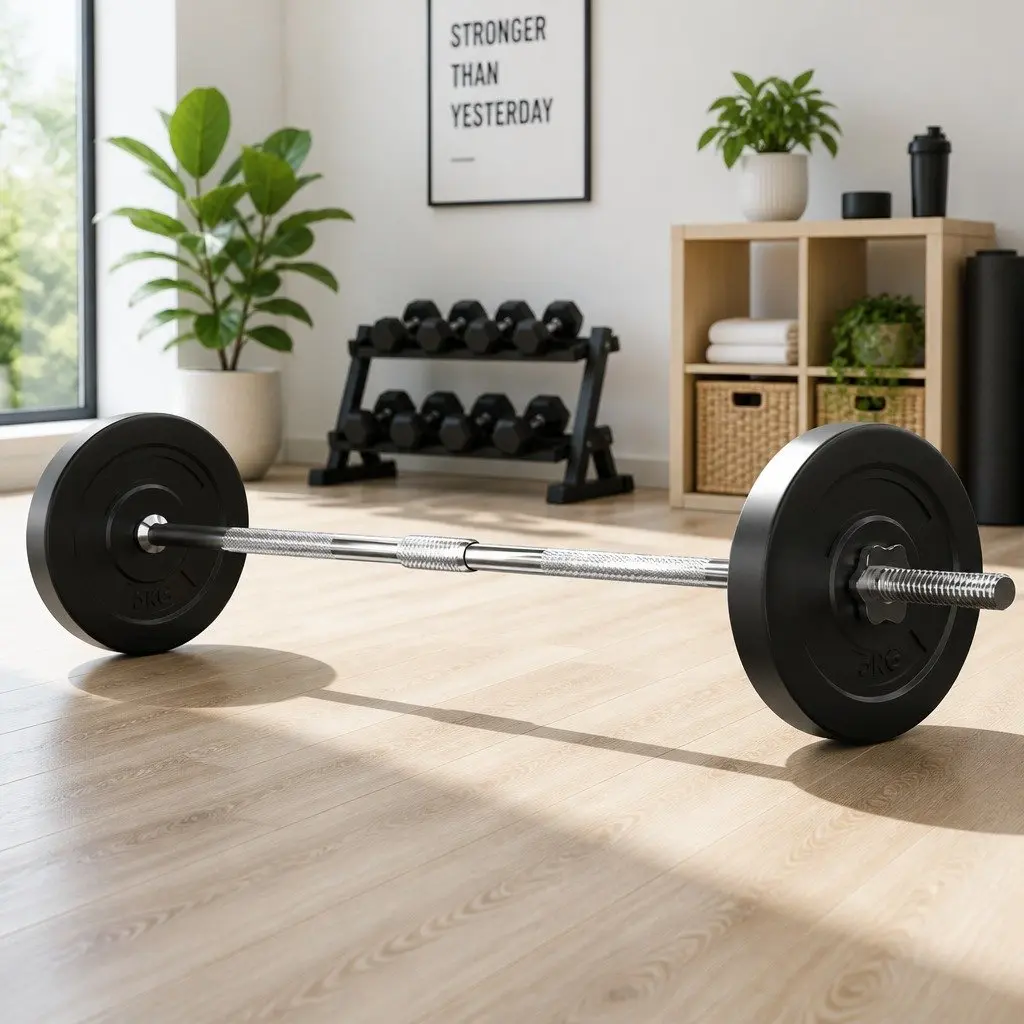 Barbell Set Steel 18kg Weight Plates Black and Silver Home Gym Exercise Training Kit