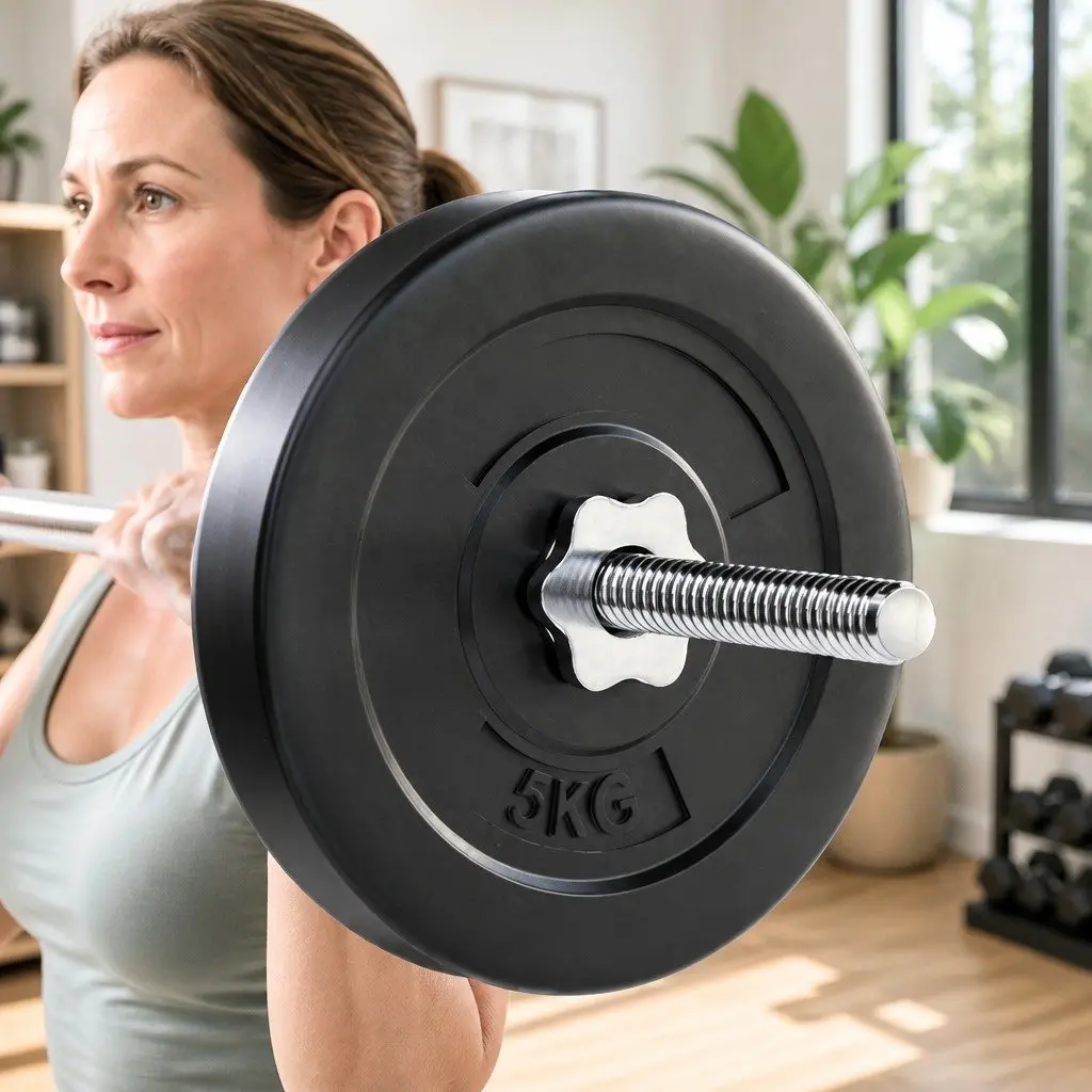 Barbell Set Steel 18kg Weight Plates Black and Silver Home Gym Exercise Training Kit