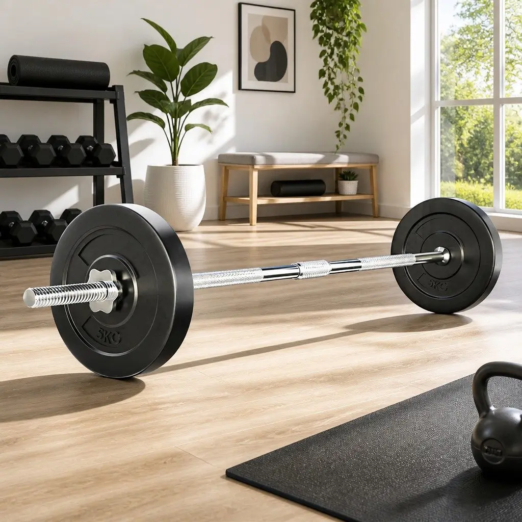 Barbell Set Steel 18kg Weight Plates Black and Silver Home Gym Exercise Training Kit