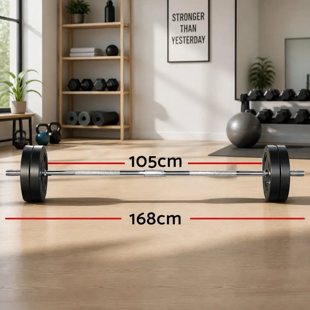 Barbell Set Steel 168cm with Rubber Coated Weight Plates Home Gym Equipment
