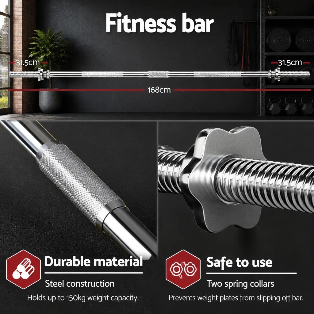 Barbell Set Rubber Weight Plates 58kg Steel Bar 168cm Black for Home Gym Exercise
