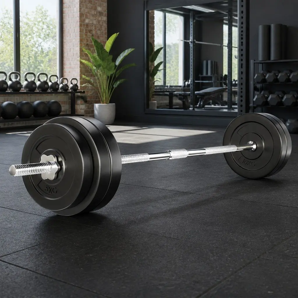 Barbell Set Rubber Weight Plates 58kg Steel Bar 168cm Black for Home Gym Exercise