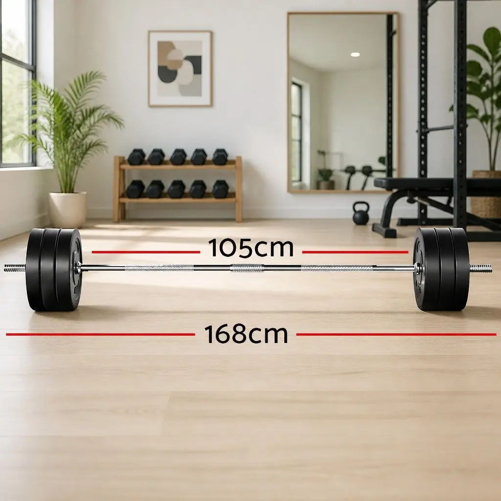 Barbell Set Rubber Coated Weight Plates 68kg Lifting Bench 168cm Home Gym Equipment