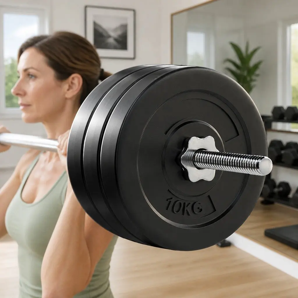 Barbell Set Rubber Coated Weight Plates 68kg Lifting Bench 168cm Home Gym Equipment
