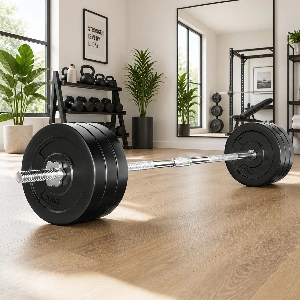 Barbell Set Rubber Coated Weight Plates 68kg Lifting Bench 168cm Home Gym Equipment