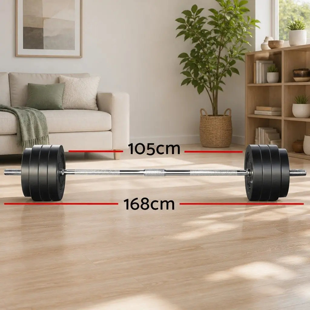Barbell Weight Plates Set Rubber Coated 78kg with 168cm Steel Bar Black
