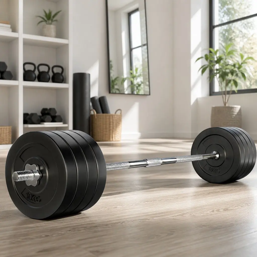 Barbell Set Steel 168cm Black Weight Plates Home Gym Equipment